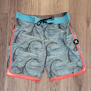 Hurley Aqua and Coral Wave Pattern Shorts